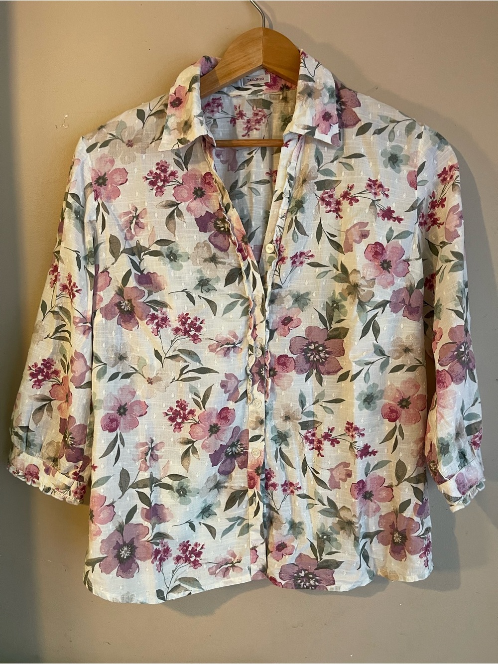 Cleo Floral Ruffle Trim Button Down 3/4 Sleeve Blouse Sz L 21" Pit